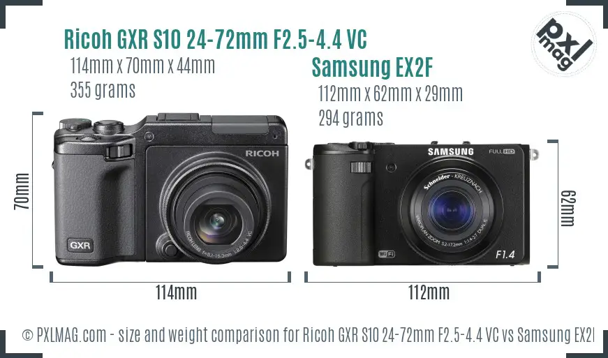 Ricoh GXR S10 24-72mm F2.5-4.4 VC vs Samsung EX2F size comparison