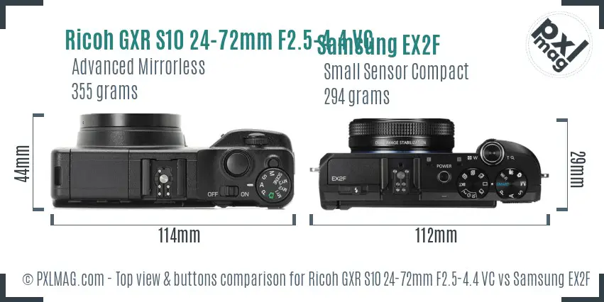 Ricoh GXR S10 24-72mm F2.5-4.4 VC vs Samsung EX2F top view buttons comparison