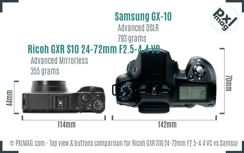 Ricoh GXR S10 24-72mm F2.5-4.4 VC vs Samsung GX-10 top view buttons comparison