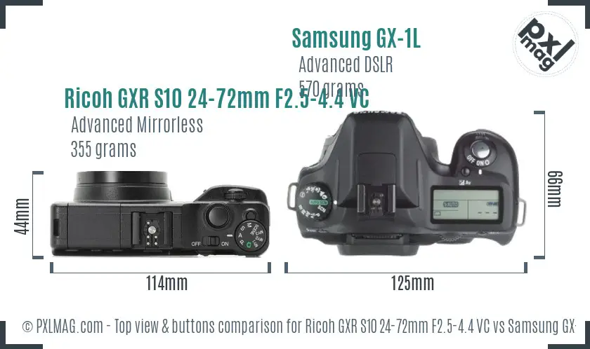 Ricoh GXR S10 24-72mm F2.5-4.4 VC vs Samsung GX-1L top view buttons comparison