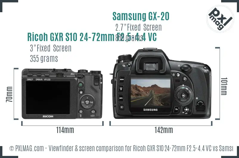 Ricoh GXR S10 24-72mm F2.5-4.4 VC vs Samsung GX-20 Screen and Viewfinder comparison