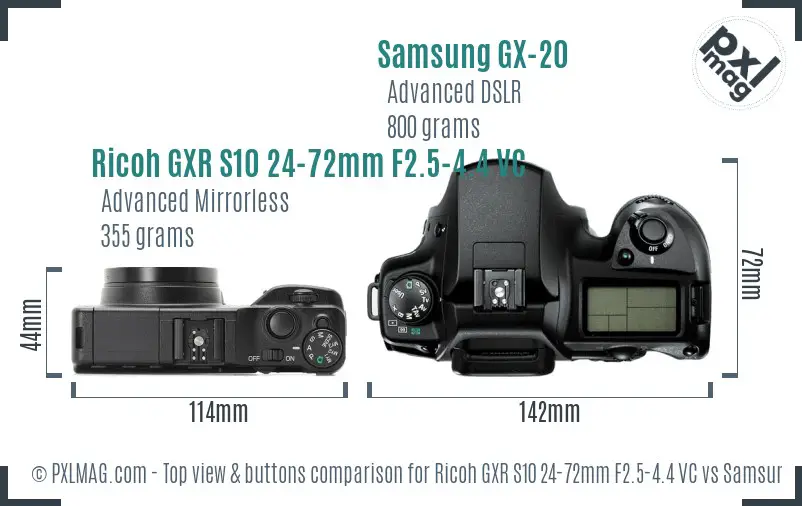 Ricoh GXR S10 24-72mm F2.5-4.4 VC vs Samsung GX-20 top view buttons comparison