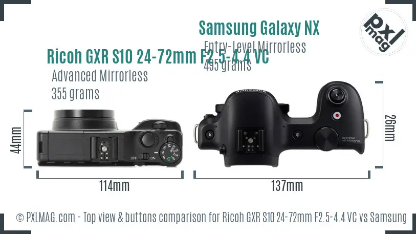 Ricoh GXR S10 24-72mm F2.5-4.4 VC vs Samsung Galaxy NX top view buttons comparison