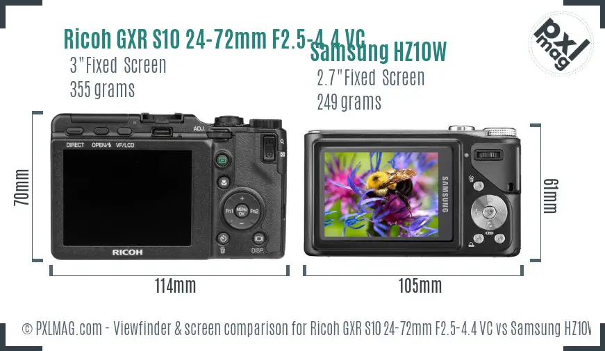 Ricoh GXR S10 24-72mm F2.5-4.4 VC vs Samsung HZ10W Screen and Viewfinder comparison