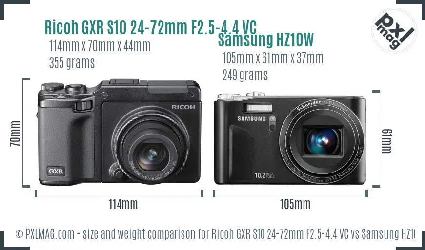 Ricoh GXR S10 24-72mm F2.5-4.4 VC vs Samsung HZ10W size comparison