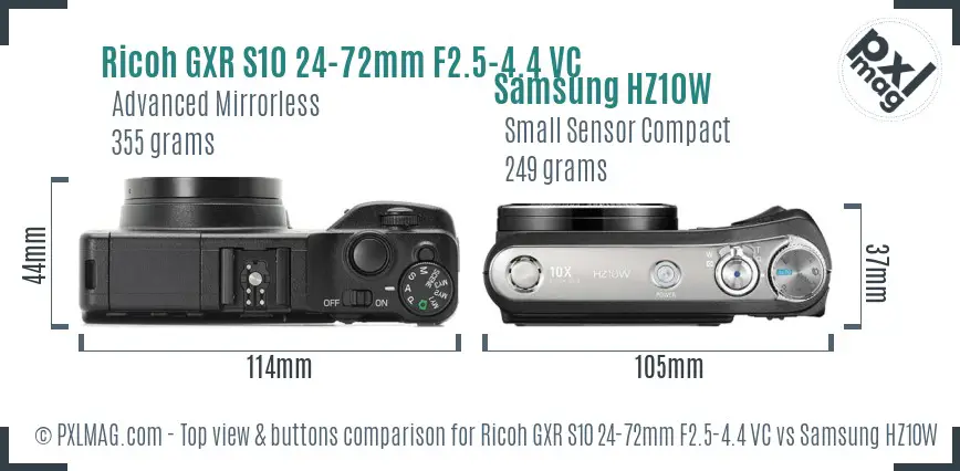 Ricoh GXR S10 24-72mm F2.5-4.4 VC vs Samsung HZ10W top view buttons comparison