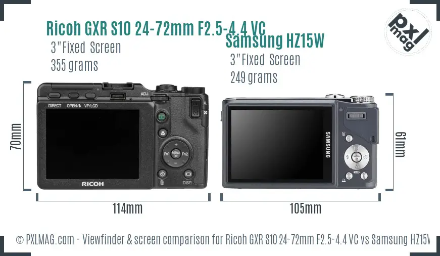 Ricoh GXR S10 24-72mm F2.5-4.4 VC vs Samsung HZ15W Screen and Viewfinder comparison