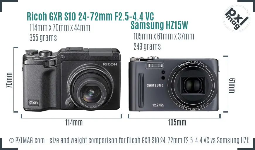 Ricoh GXR S10 24-72mm F2.5-4.4 VC vs Samsung HZ15W size comparison