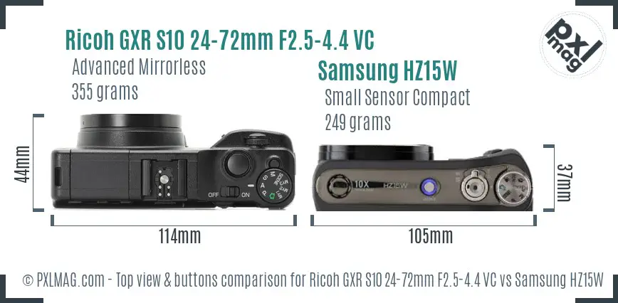 Ricoh GXR S10 24-72mm F2.5-4.4 VC vs Samsung HZ15W top view buttons comparison