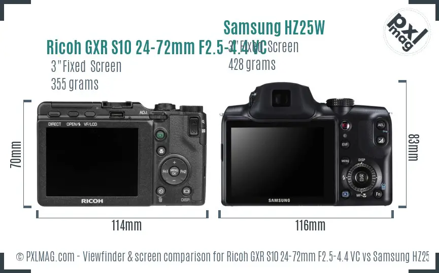 Ricoh GXR S10 24-72mm F2.5-4.4 VC vs Samsung HZ25W Screen and Viewfinder comparison