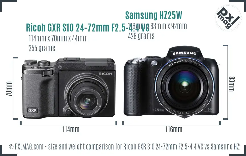 Ricoh GXR S10 24-72mm F2.5-4.4 VC vs Samsung HZ25W size comparison