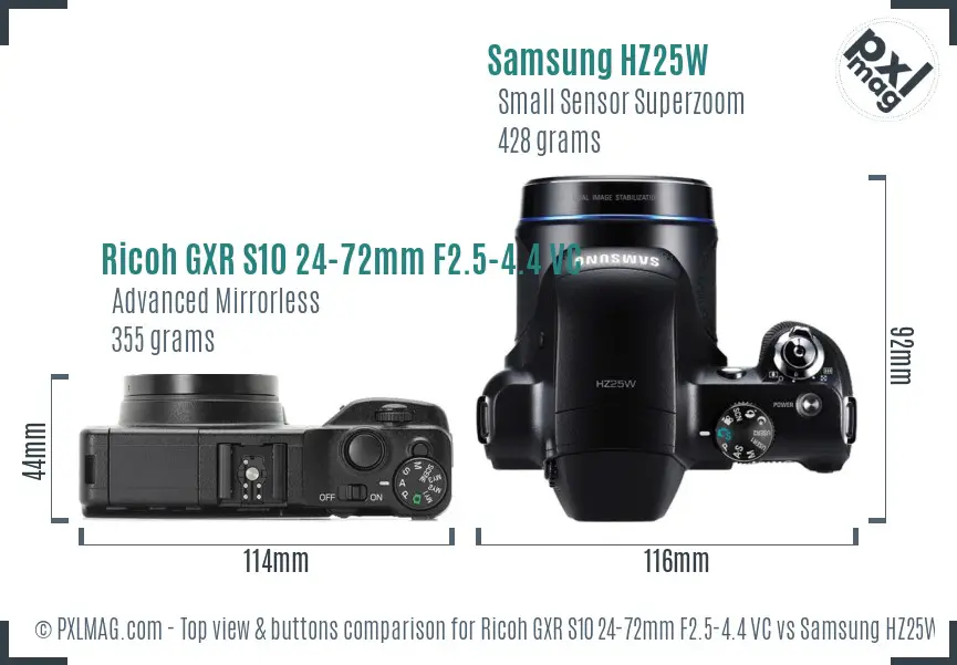 Ricoh GXR S10 24-72mm F2.5-4.4 VC vs Samsung HZ25W top view buttons comparison
