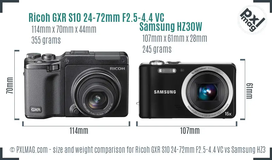 Ricoh GXR S10 24-72mm F2.5-4.4 VC vs Samsung HZ30W size comparison