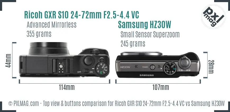 Ricoh GXR S10 24-72mm F2.5-4.4 VC vs Samsung HZ30W top view buttons comparison