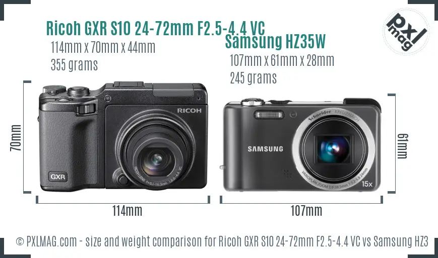 Ricoh GXR S10 24-72mm F2.5-4.4 VC vs Samsung HZ35W size comparison