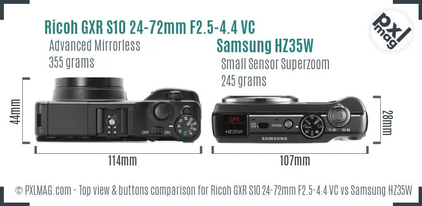 Ricoh GXR S10 24-72mm F2.5-4.4 VC vs Samsung HZ35W top view buttons comparison