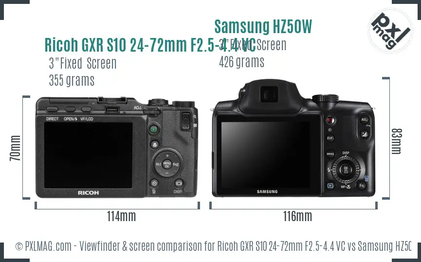 Ricoh GXR S10 24-72mm F2.5-4.4 VC vs Samsung HZ50W Screen and Viewfinder comparison