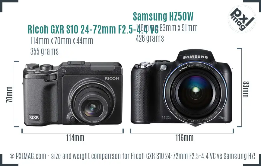 Ricoh GXR S10 24-72mm F2.5-4.4 VC vs Samsung HZ50W size comparison