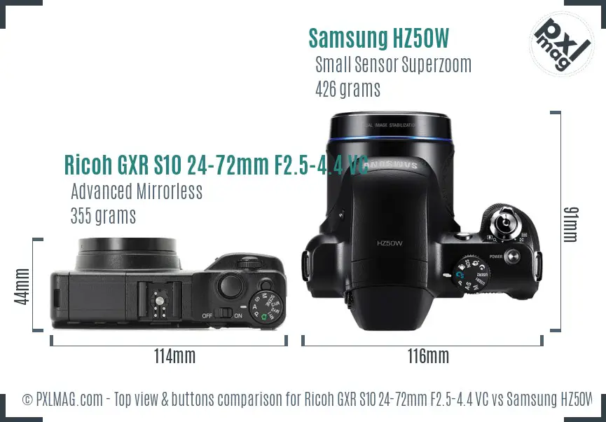Ricoh GXR S10 24-72mm F2.5-4.4 VC vs Samsung HZ50W top view buttons comparison