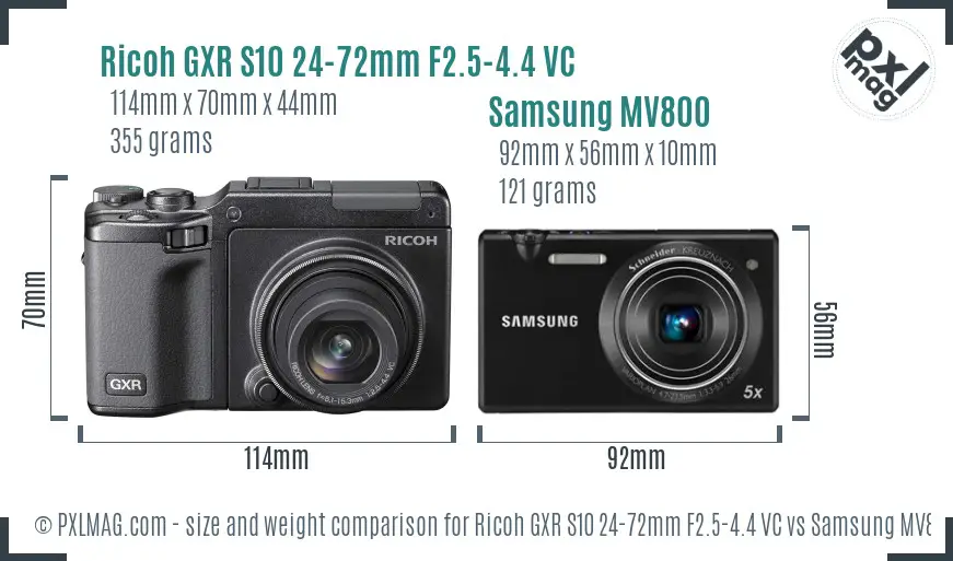 Ricoh GXR S10 24-72mm F2.5-4.4 VC vs Samsung MV800 size comparison