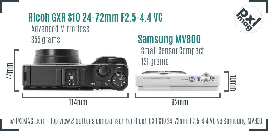 Ricoh GXR S10 24-72mm F2.5-4.4 VC vs Samsung MV800 top view buttons comparison