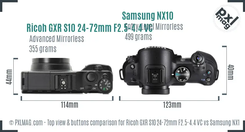 Ricoh GXR S10 24-72mm F2.5-4.4 VC vs Samsung NX10 top view buttons comparison