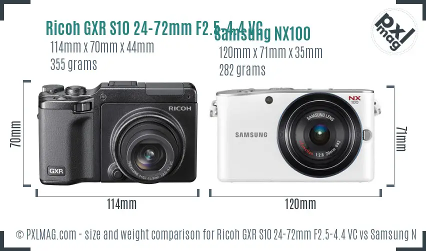 Ricoh GXR S10 24-72mm F2.5-4.4 VC vs Samsung NX100 size comparison