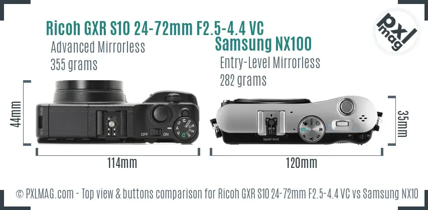 Ricoh GXR S10 24-72mm F2.5-4.4 VC vs Samsung NX100 top view buttons comparison