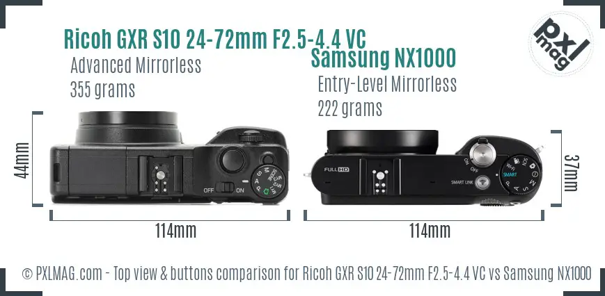 Ricoh GXR S10 24-72mm F2.5-4.4 VC vs Samsung NX1000 top view buttons comparison