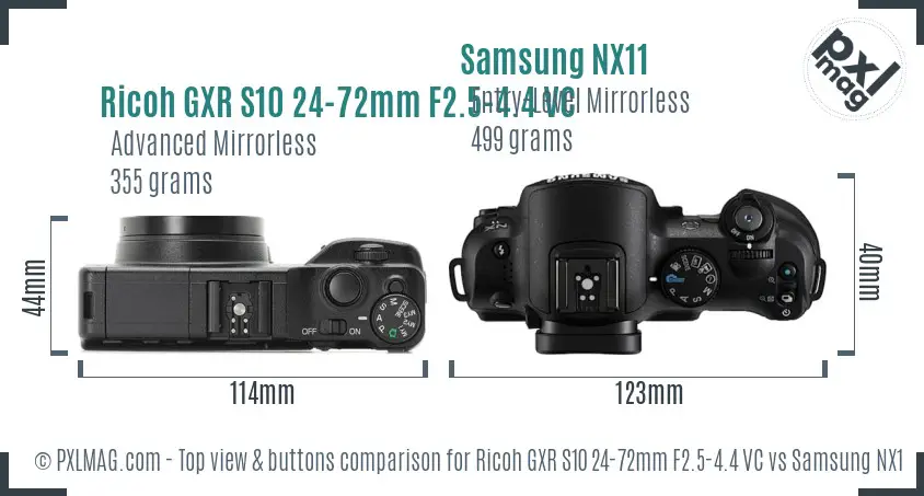 Ricoh GXR S10 24-72mm F2.5-4.4 VC vs Samsung NX11 top view buttons comparison