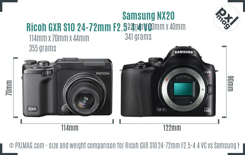 Ricoh GXR S10 24-72mm F2.5-4.4 VC vs Samsung NX20 size comparison