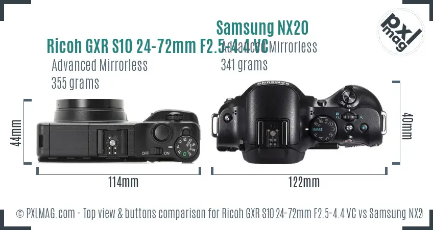 Ricoh GXR S10 24-72mm F2.5-4.4 VC vs Samsung NX20 top view buttons comparison