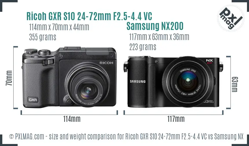 Ricoh GXR S10 24-72mm F2.5-4.4 VC vs Samsung NX200 size comparison