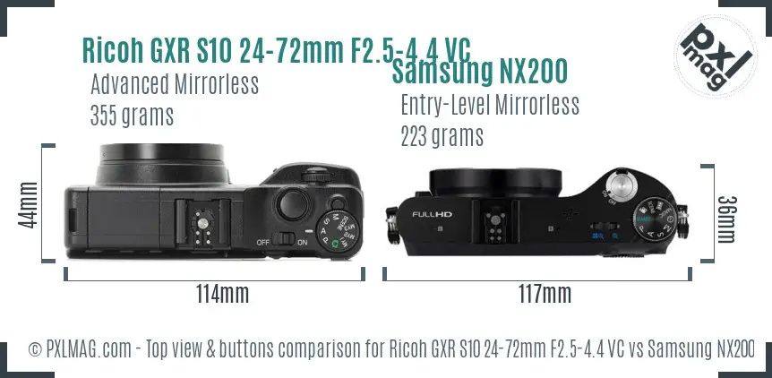 Ricoh GXR S10 24-72mm F2.5-4.4 VC vs Samsung NX200 top view buttons comparison