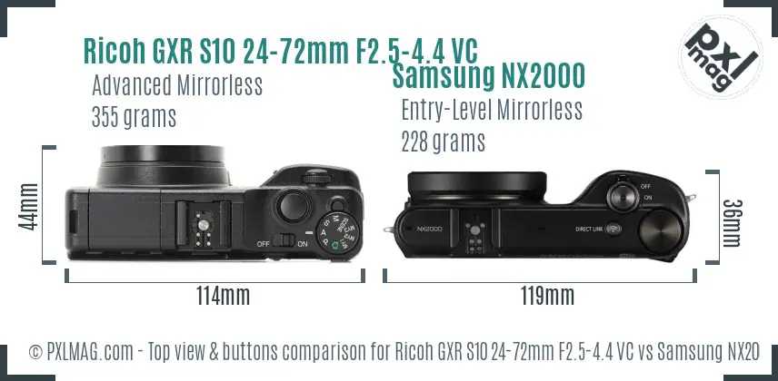 Ricoh GXR S10 24-72mm F2.5-4.4 VC vs Samsung NX2000 top view buttons comparison
