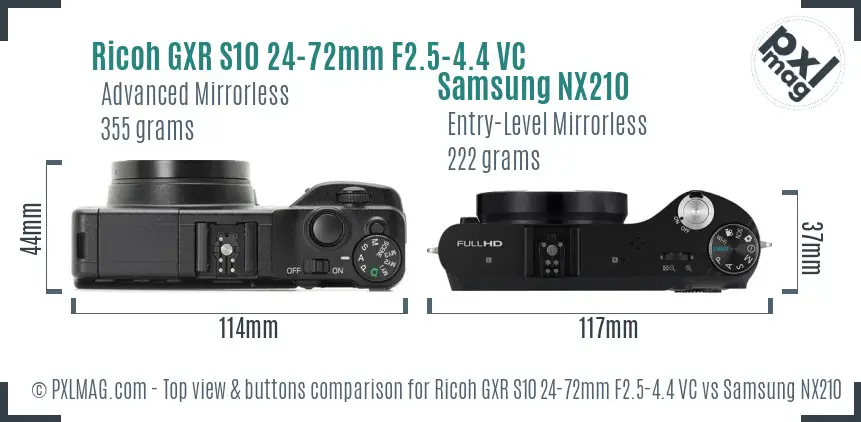 Ricoh GXR S10 24-72mm F2.5-4.4 VC vs Samsung NX210 top view buttons comparison