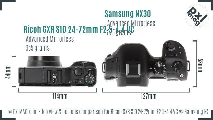 Ricoh GXR S10 24-72mm F2.5-4.4 VC vs Samsung NX30 top view buttons comparison