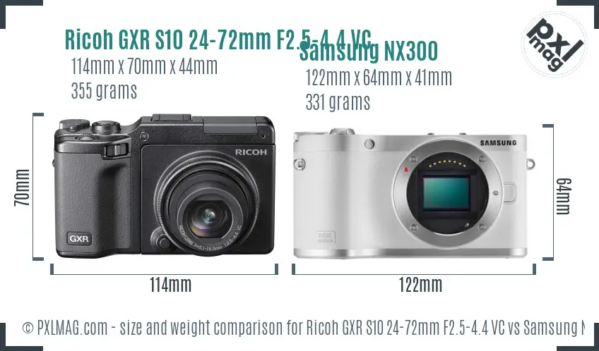 Ricoh GXR S10 24-72mm F2.5-4.4 VC vs Samsung NX300 size comparison
