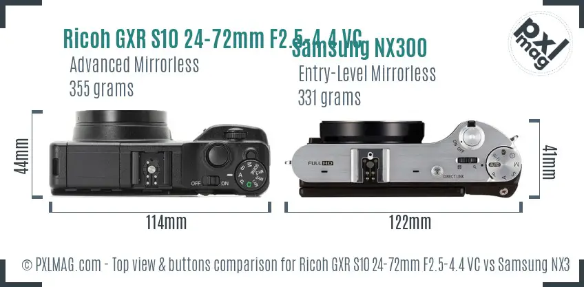 Ricoh GXR S10 24-72mm F2.5-4.4 VC vs Samsung NX300 top view buttons comparison