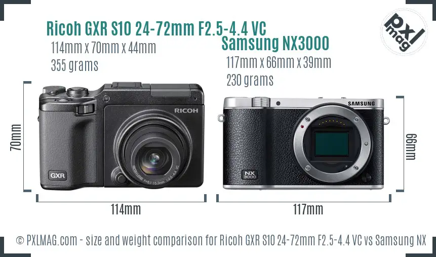 Ricoh GXR S10 24-72mm F2.5-4.4 VC vs Samsung NX3000 size comparison