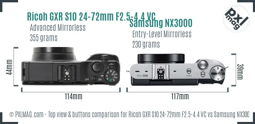 Ricoh GXR S10 24-72mm F2.5-4.4 VC vs Samsung NX3000 top view buttons comparison