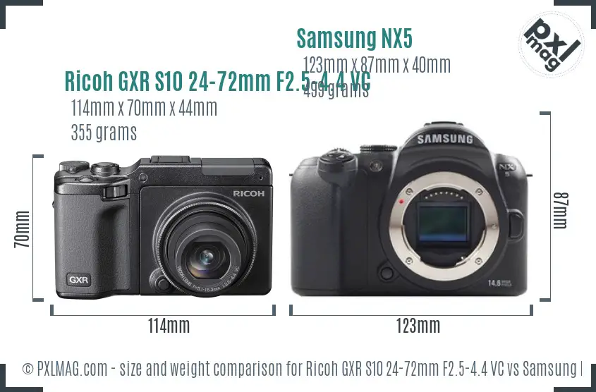 Ricoh GXR S10 24-72mm F2.5-4.4 VC vs Samsung NX5 size comparison