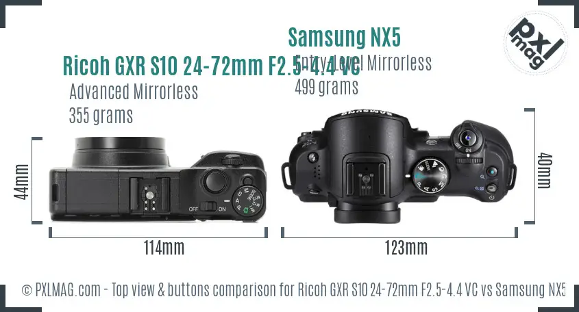 Ricoh GXR S10 24-72mm F2.5-4.4 VC vs Samsung NX5 top view buttons comparison