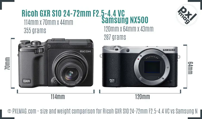 Ricoh GXR S10 24-72mm F2.5-4.4 VC vs Samsung NX500 size comparison