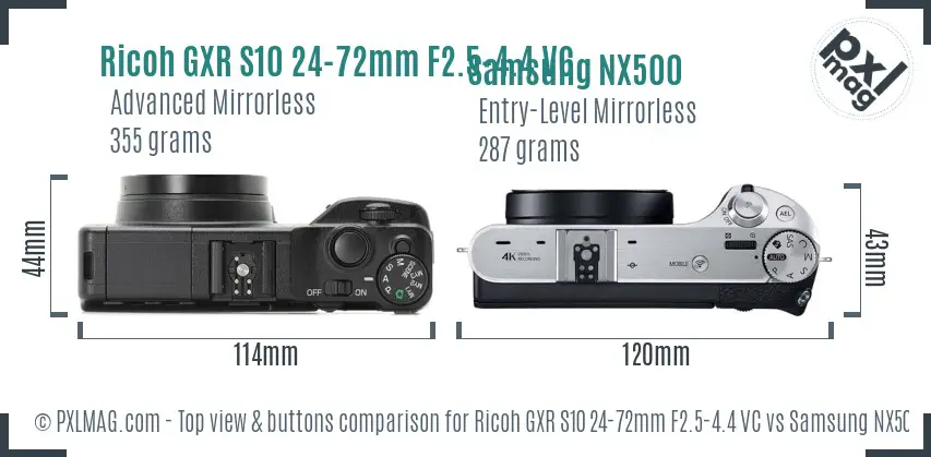 Ricoh GXR S10 24-72mm F2.5-4.4 VC vs Samsung NX500 top view buttons comparison