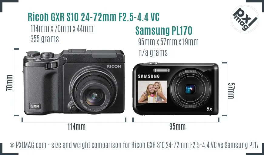 Ricoh GXR S10 24-72mm F2.5-4.4 VC vs Samsung PL170 size comparison
