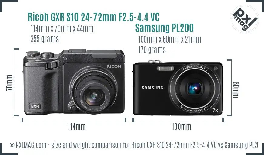 Ricoh GXR S10 24-72mm F2.5-4.4 VC vs Samsung PL200 size comparison