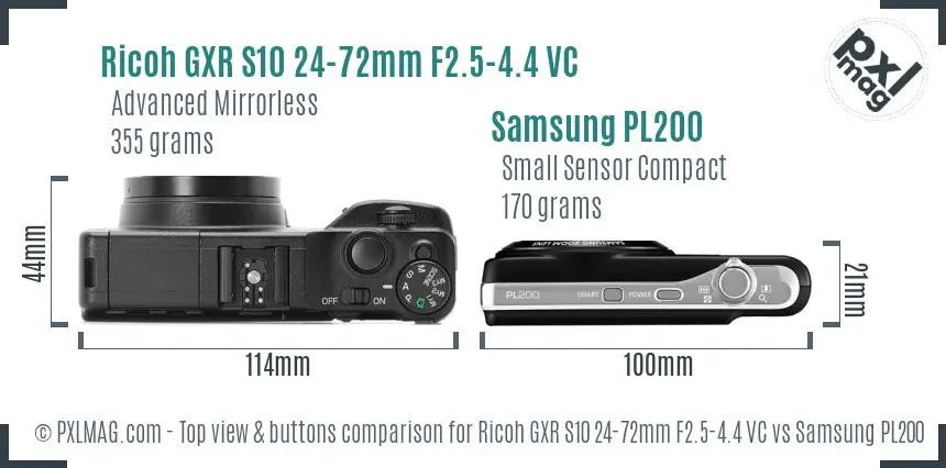 Ricoh GXR S10 24-72mm F2.5-4.4 VC vs Samsung PL200 top view buttons comparison