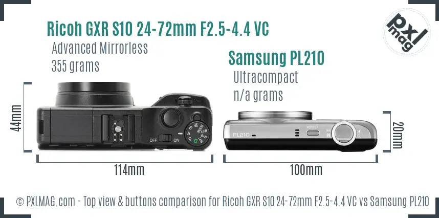 Ricoh GXR S10 24-72mm F2.5-4.4 VC vs Samsung PL210 top view buttons comparison