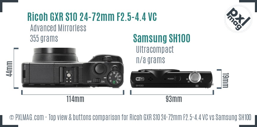 Ricoh GXR S10 24-72mm F2.5-4.4 VC vs Samsung SH100 top view buttons comparison